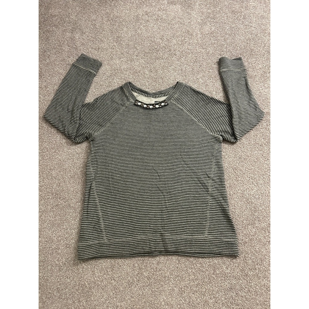 JCP Sweatshirt Womens Large Grey Black Striped Excellent Rhinestone Embellished